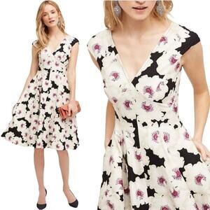 Peter Som by Anthropologie Floral V-Neck Fit & Flare Dress Cream/Black Womens 10